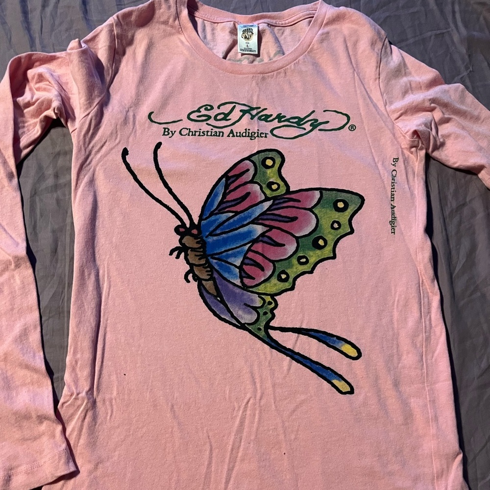 Ed Hardy Pink Long Sleeve with Butterfly Design